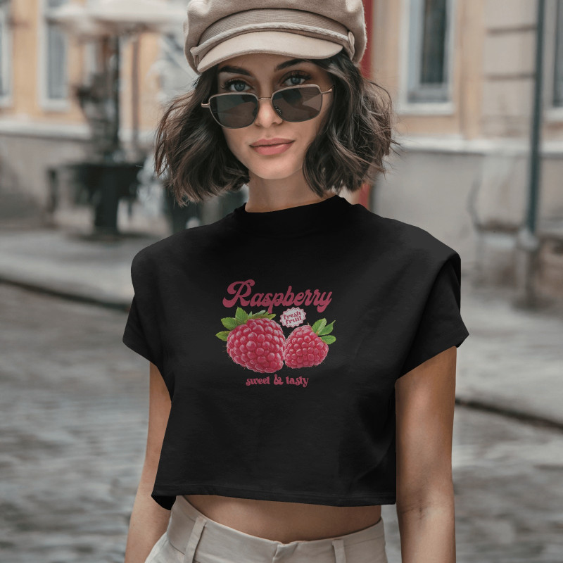 Ahududu Baskılı Crop T-shirt