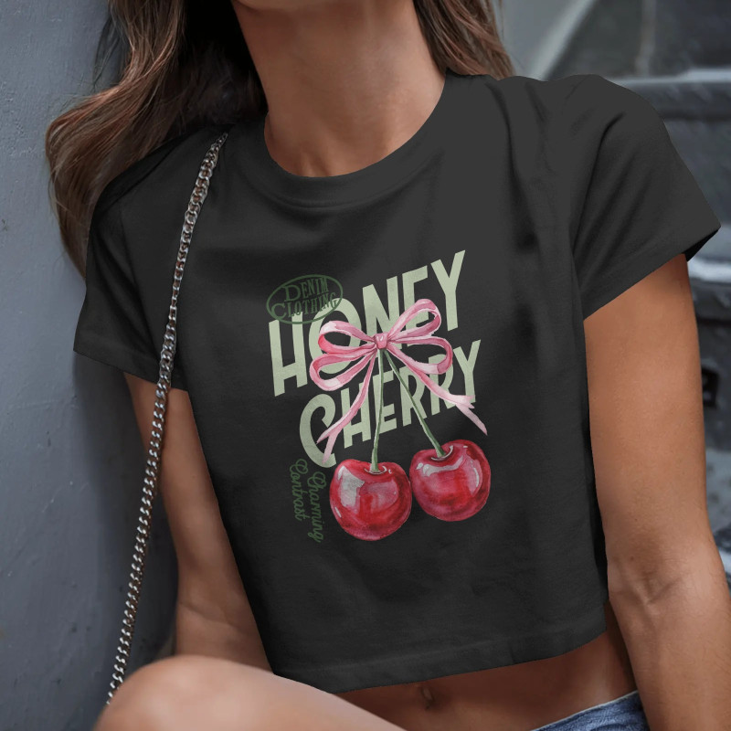 Kiraz Baskılı Crop T-shirt