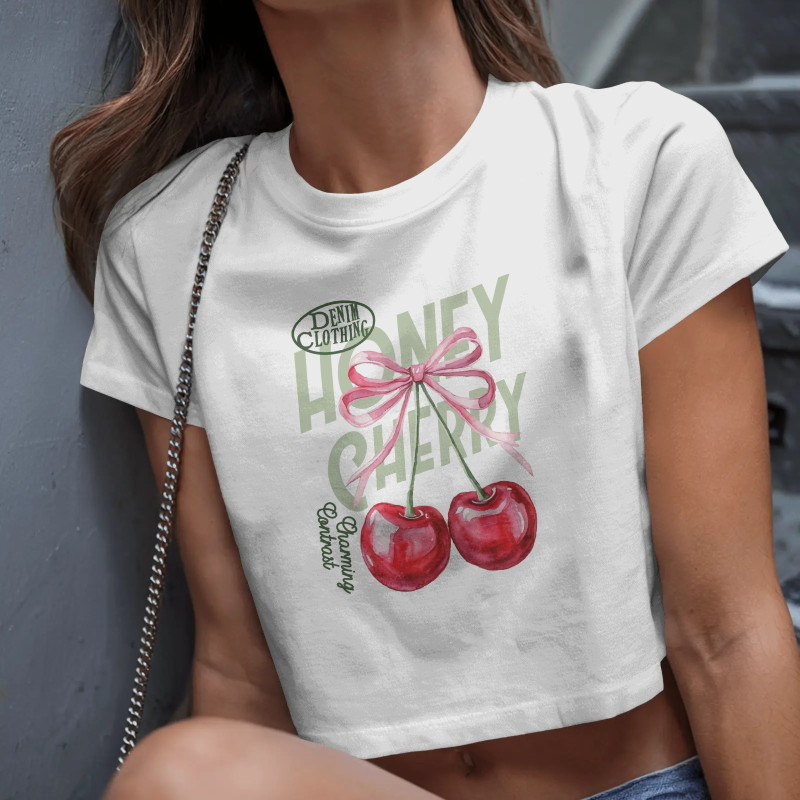 Kiraz Baskılı Crop T-shirt